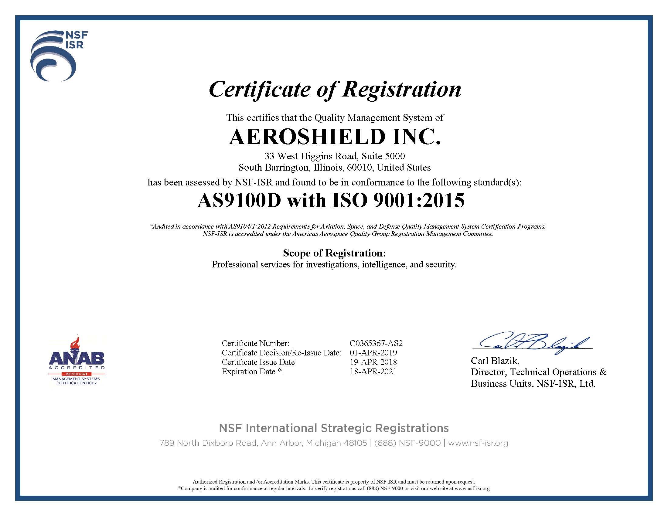 AS9100D Certified with ISO9001:2015