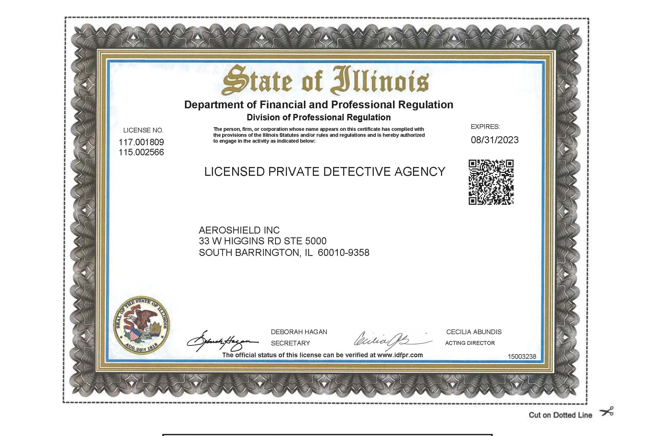 Illinois Licensed Private Detective Agency License