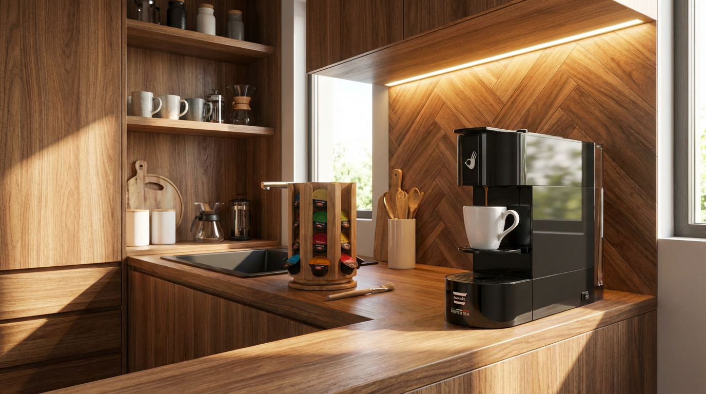 create a scene of the coffee machine in a wood modern kitchen keep details of the logos and machine untouched.png