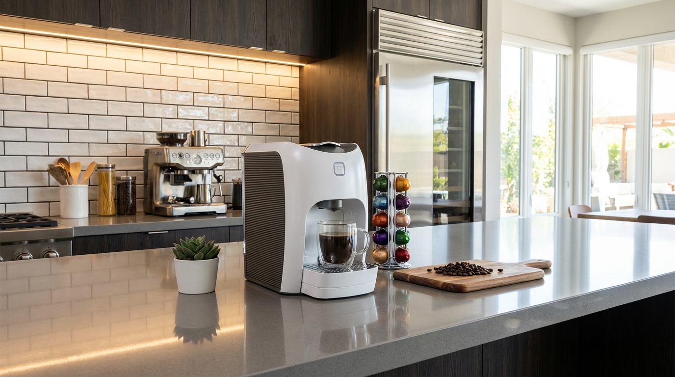 create a modern kitchen scene for this capsule coffee mahcine.png