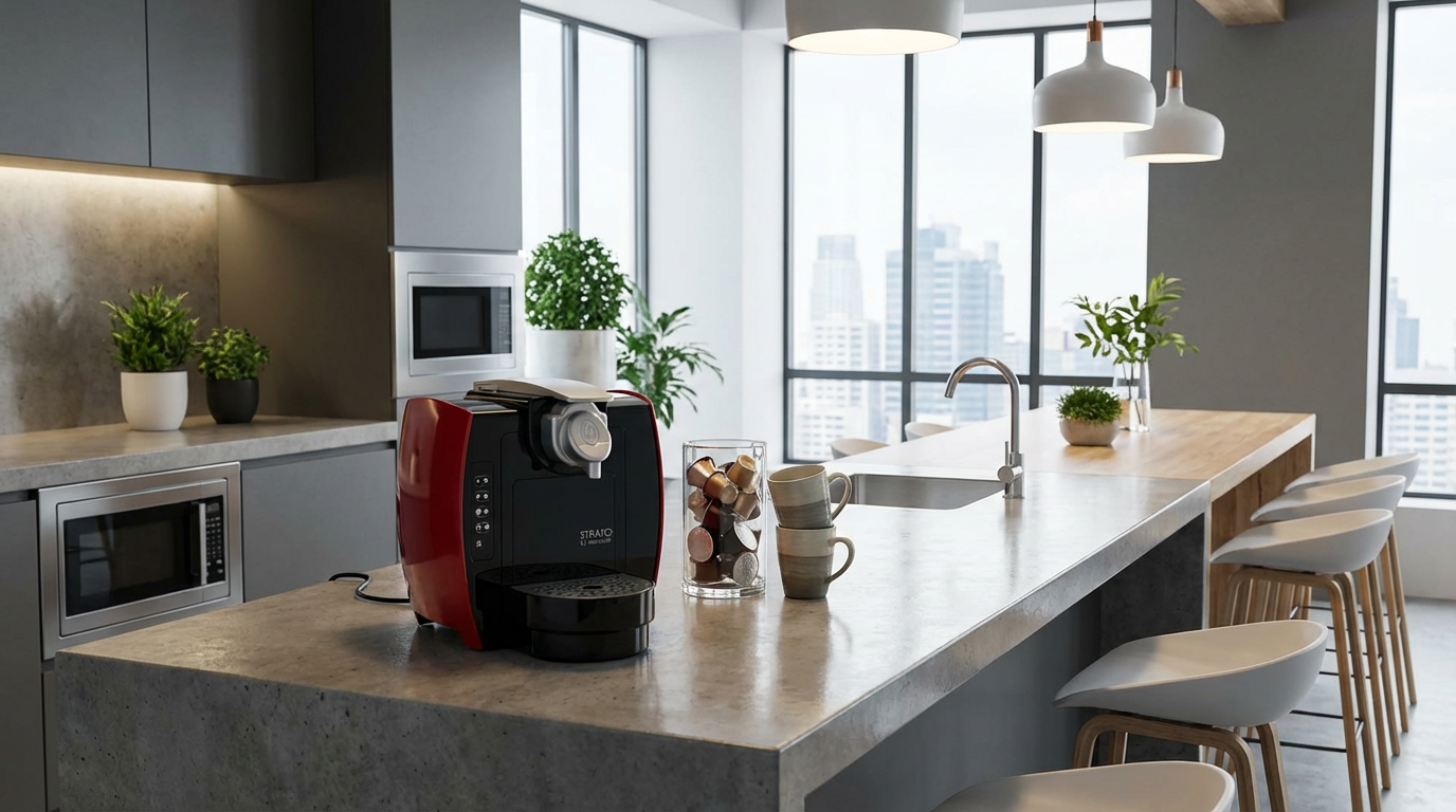 make a scene of this coffee capsule machine in a break room of a modern office.png