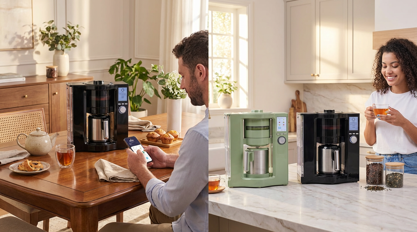 crea una scena per un tè con questa macchina per il tè in una sala da pranzo e lamacchina in cucina.png