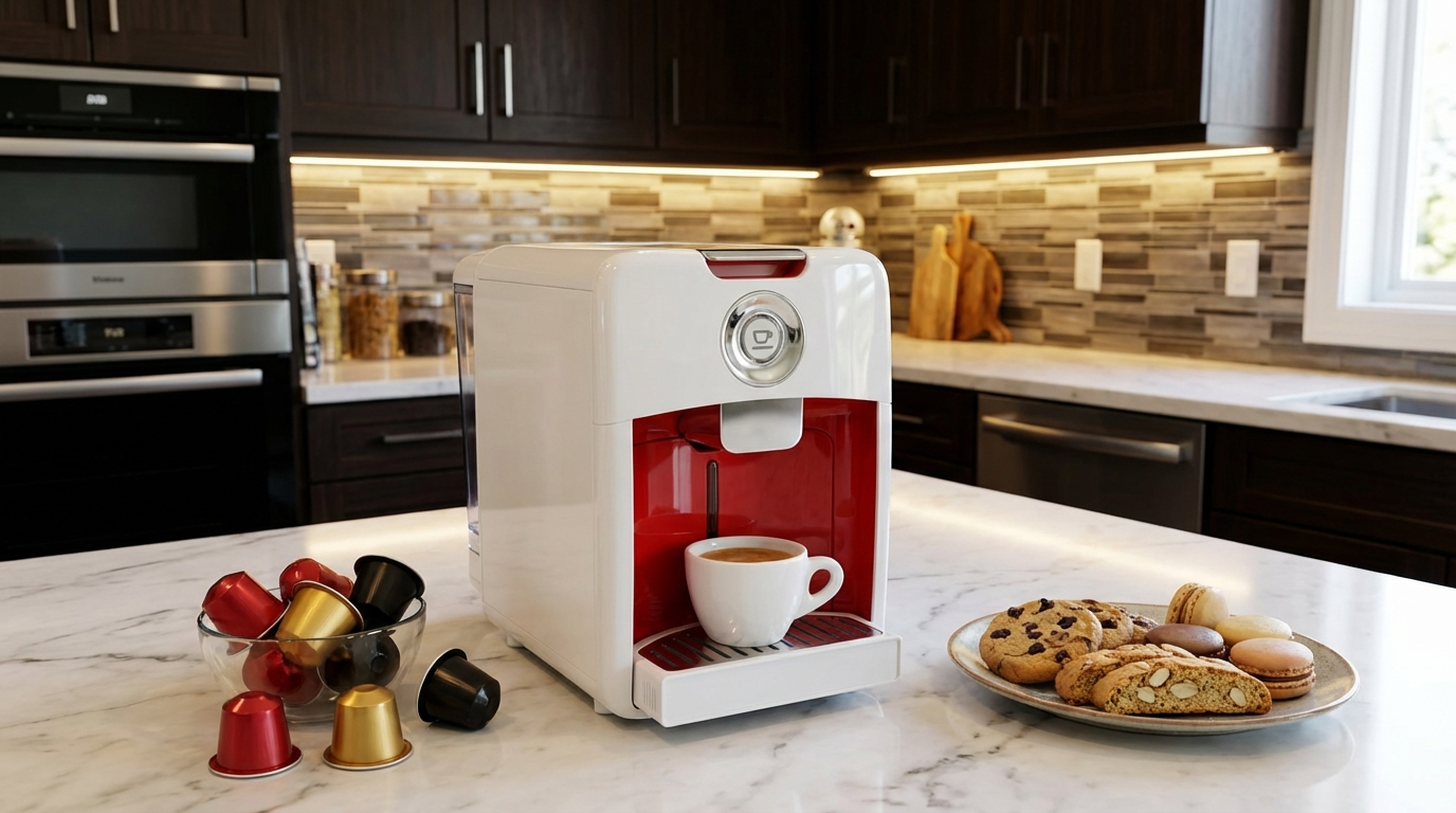 make a scene of the capsule machine in a modern kitchen , with capsules and cookies nearby. the mood of the kitchen should be luxury.png