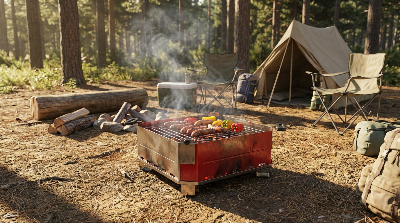 create a scene of this bbq is used in a camping enviroment.png