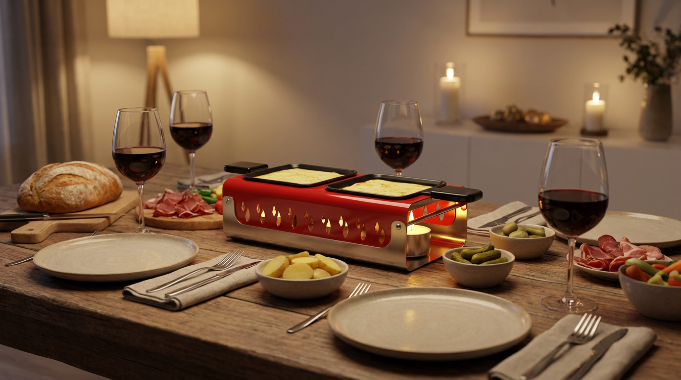 create a picture scene of this raclette product heated by candles on a set table for dinner1.png