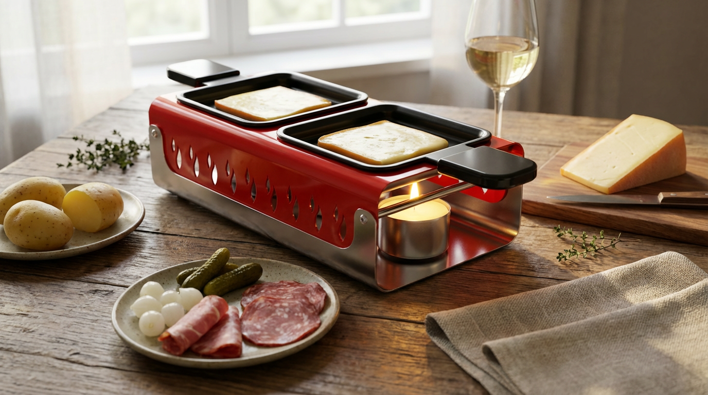 create a picture scene of this raclette product heated by candles in a still ife set.png