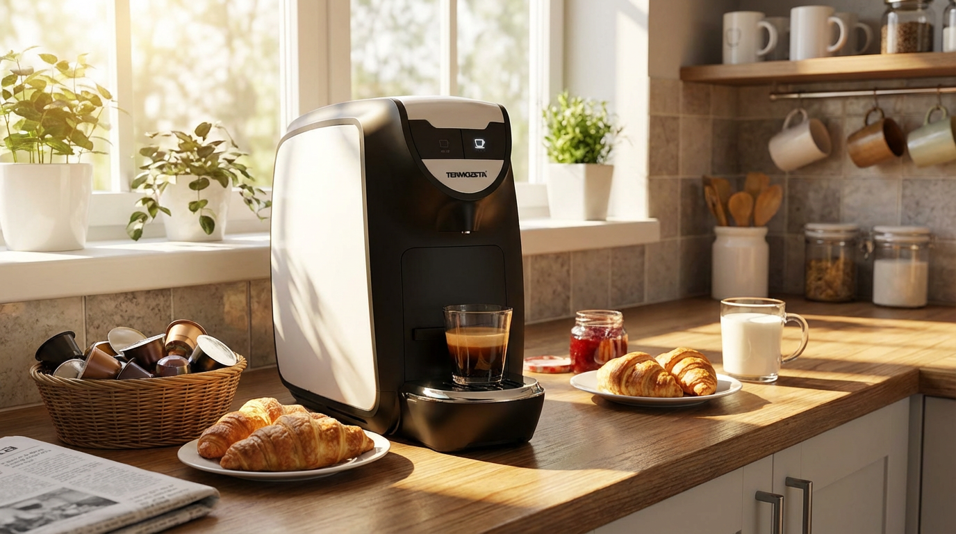 crea una scena di questa macchina per caffè in capsule in una cucina per la colazione la mattina.png