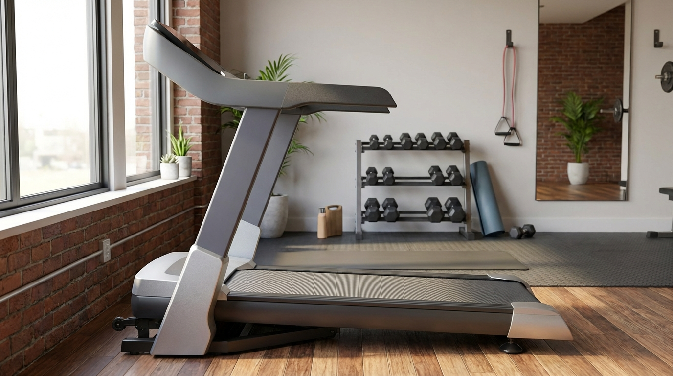 crea una scena di questo tapis roulant in una palestra a casa mettendo in evidenza il dettaglio della vista laterale.png