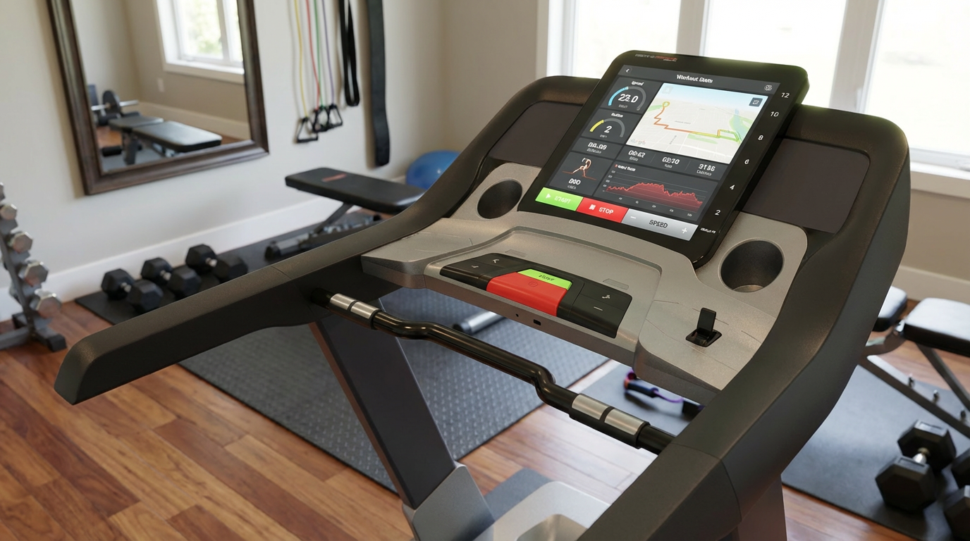 crea una scena di questo tapis roulant in una palestra a casa mettendo in evidenza il dettaglio dell'interfaccia.png