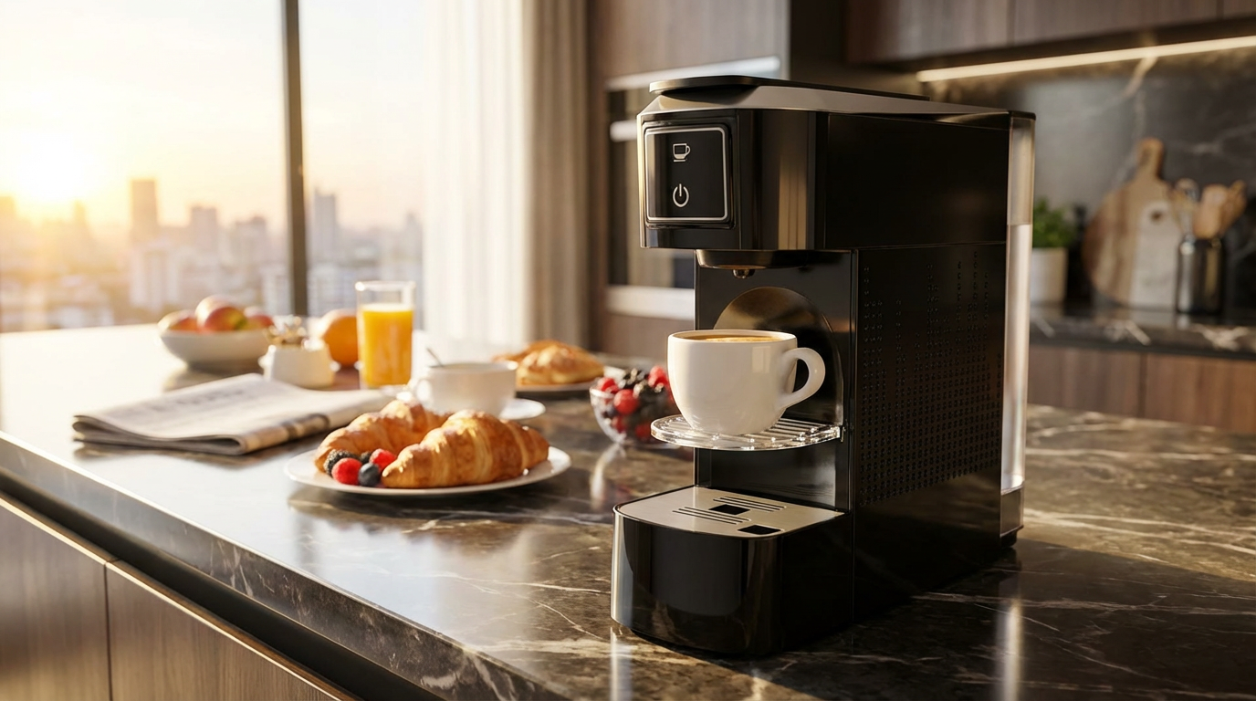 crea una scena di questa macchina per caffè in capsule in un ambiente moderno e lussuoso la mattina per colazione1.png