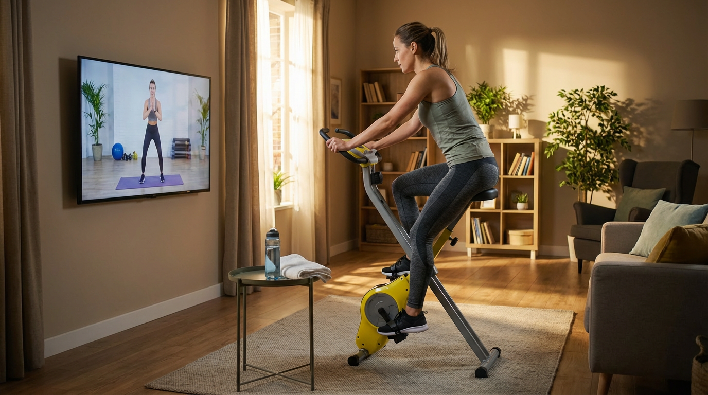 create a scene of this bike in a room used by a woman doing gym while watching tv.png