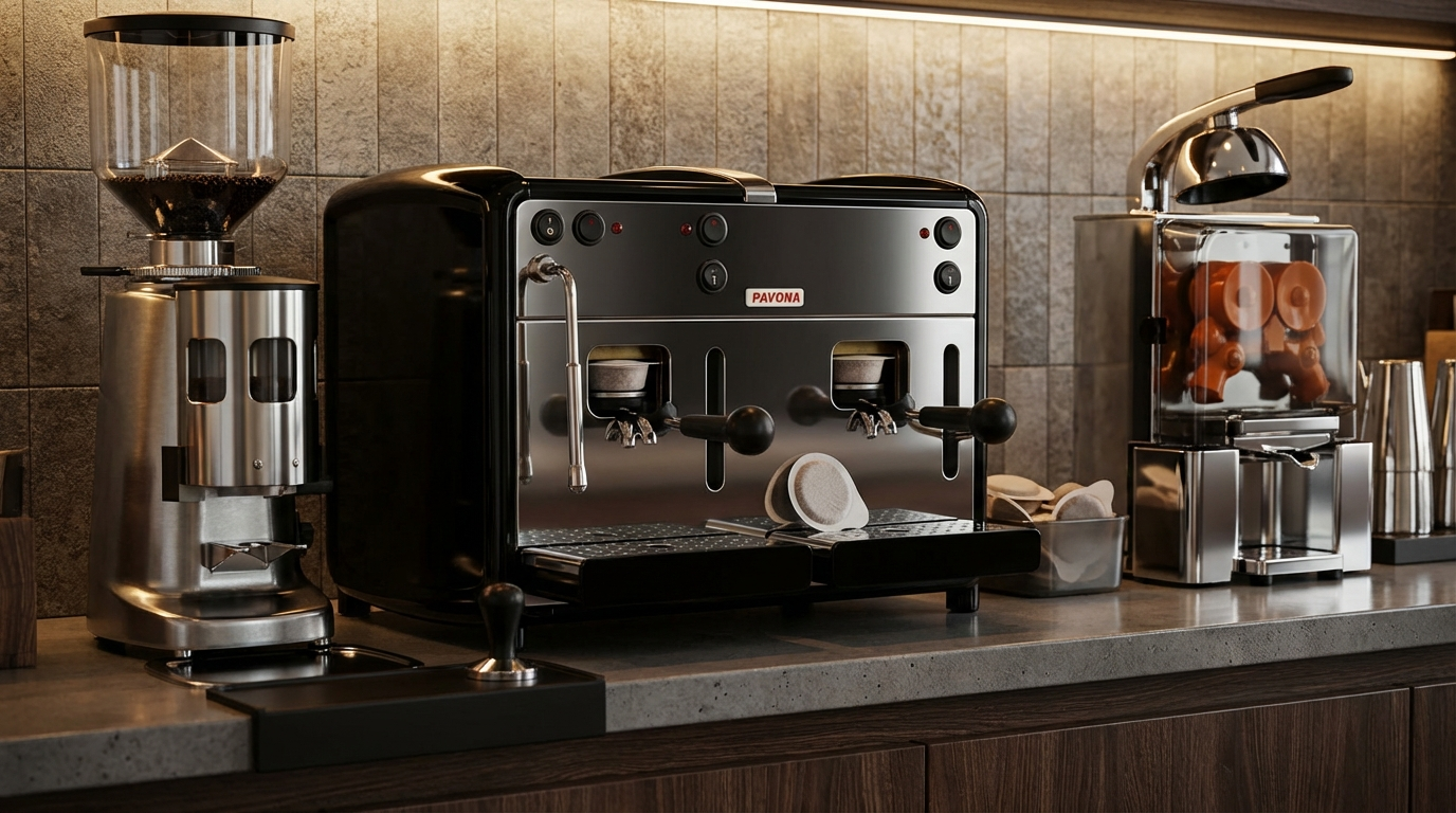 make a ascene of the capsule machine in a modern bar counter, close to the wall , between a coffee grinder and a orange squeezer machine. focus on the product and put it at the center of the image. camera close up to the product.png
