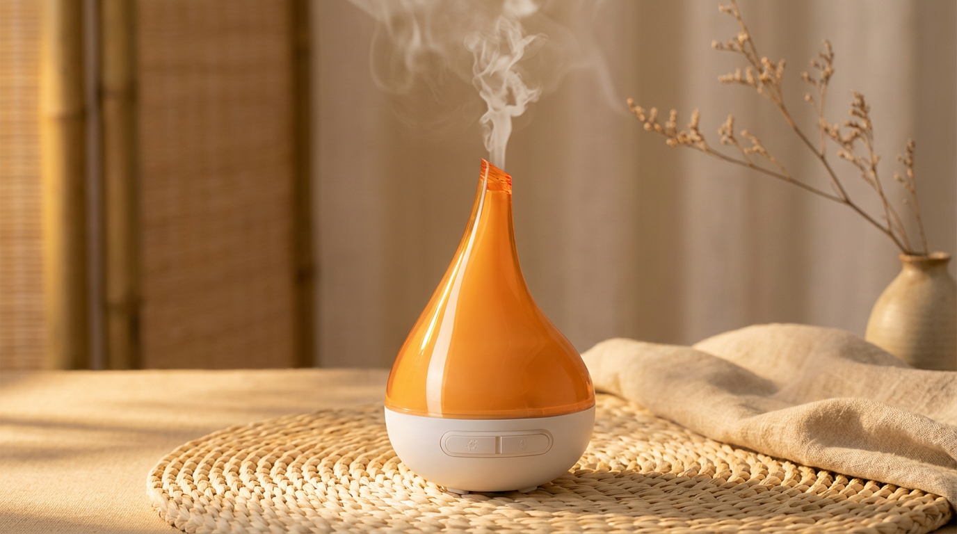 create a advertising picture with relaxing mood, soft lights and steam coming out from the product top.png