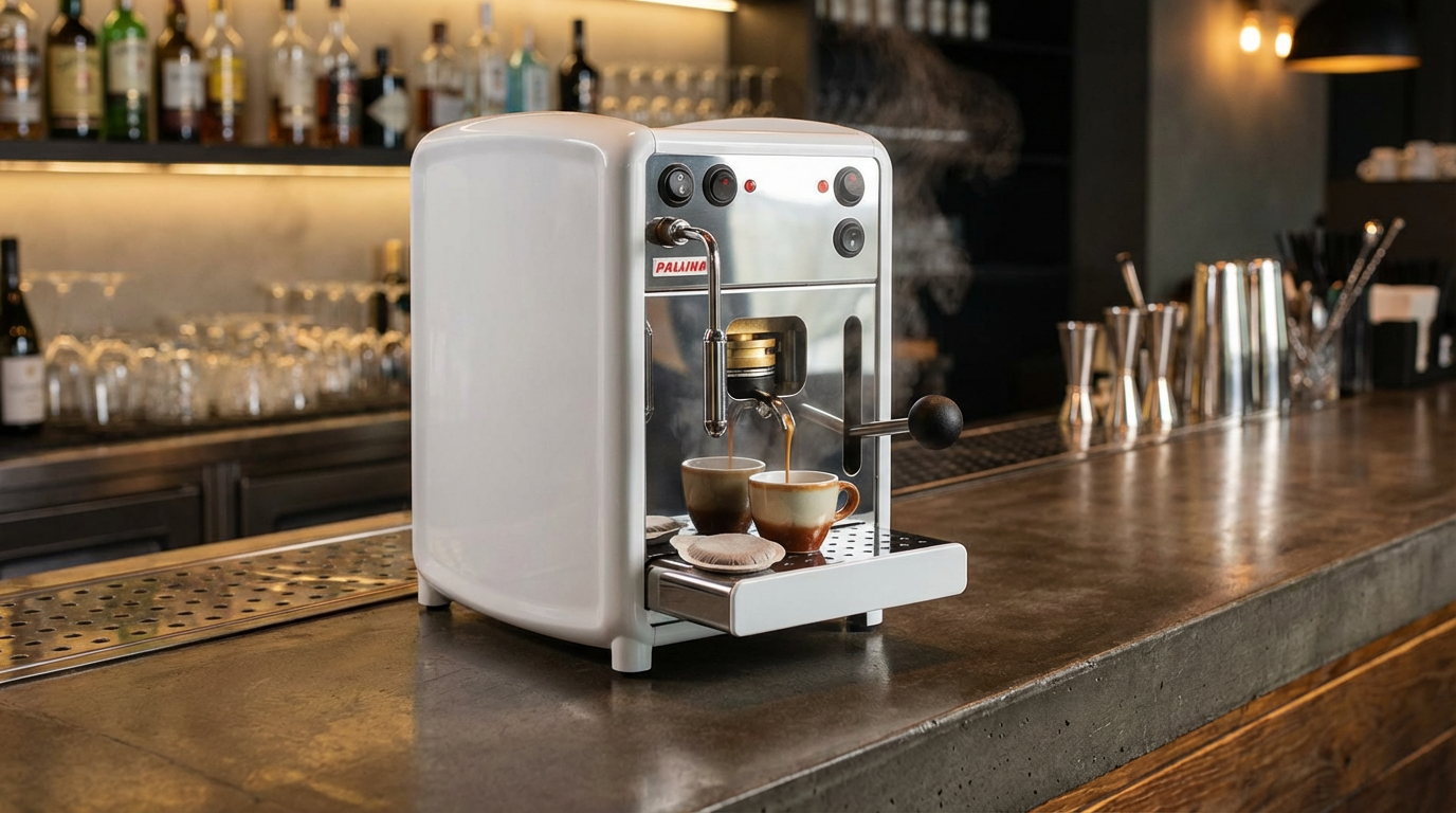 make a scene of the capsule machine in a modern bar counter. focus on the product and put it at the center of the image. camera close up to the product.png