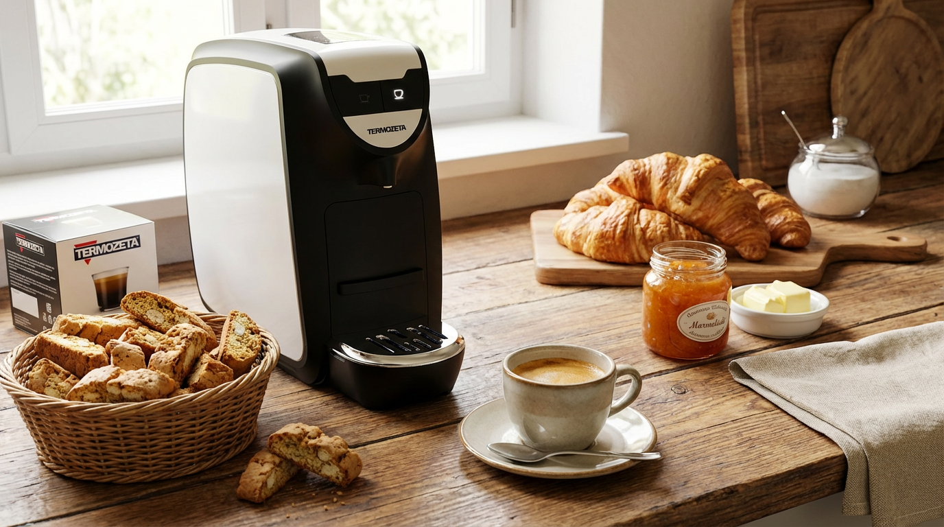 crea una scena di questa macchina per caffè in capsule con biscotti e l'occorrente per la colazione.png