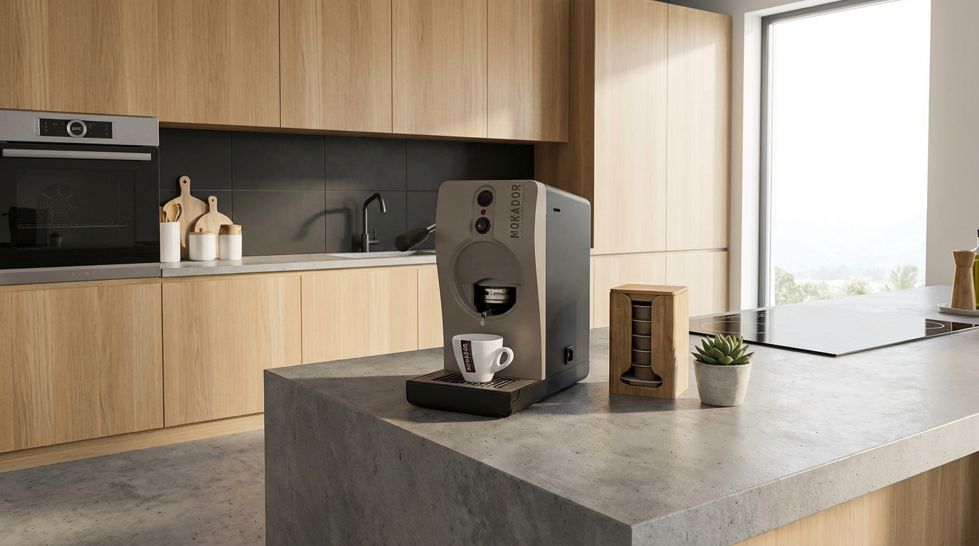 create a scene of this paperpod coffee mahcine in a modern kitchen.png
