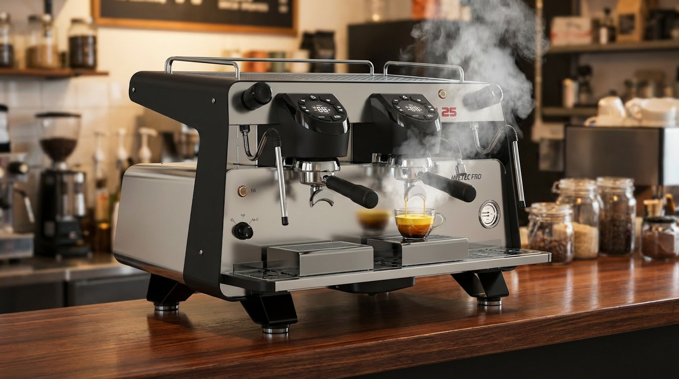 crea una immagine per questa macchina da caffè , inquadrala da dietro sul bancone mentre viene usata per fare un caffè senza cambiarte i dettagli del prodotto.png