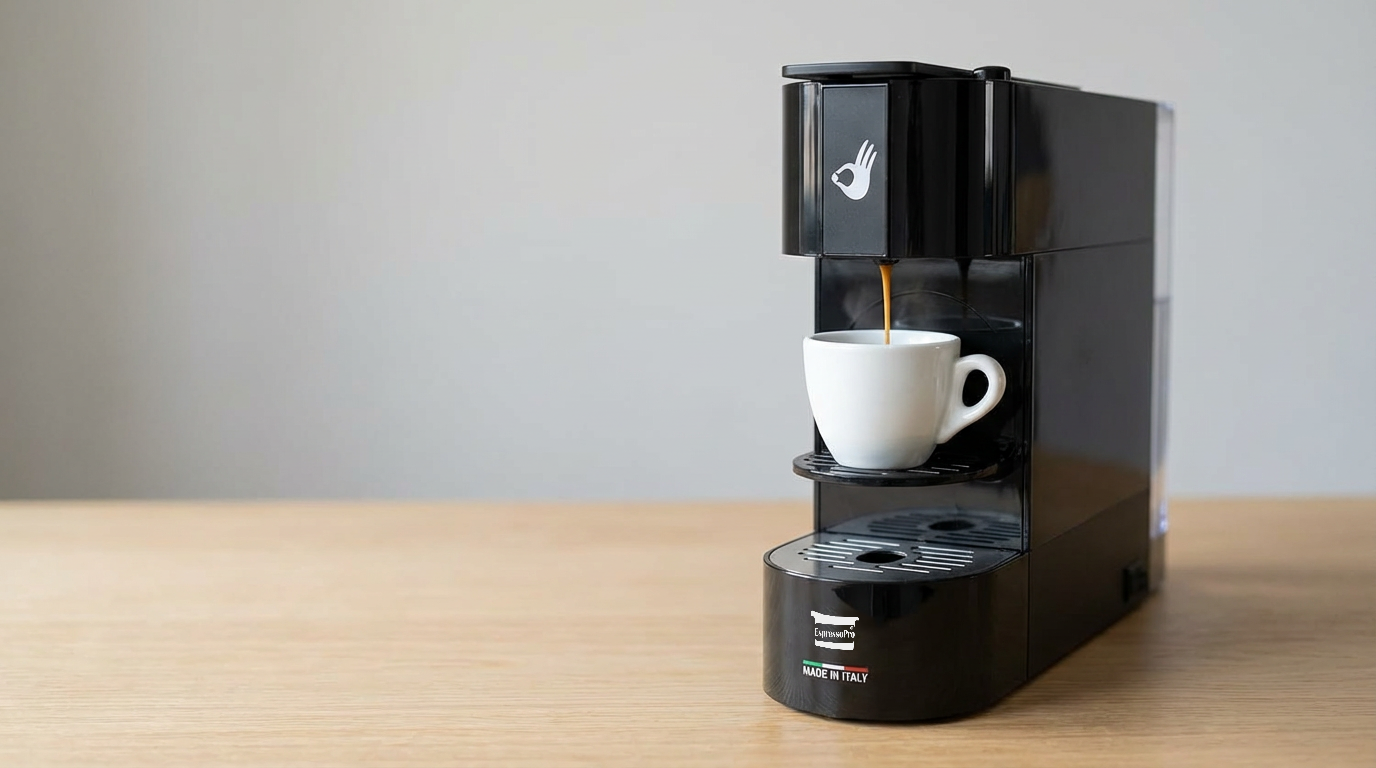 create a scene of the coffee machine ina neutral enviroment keep details of the logos and machine untouched.png