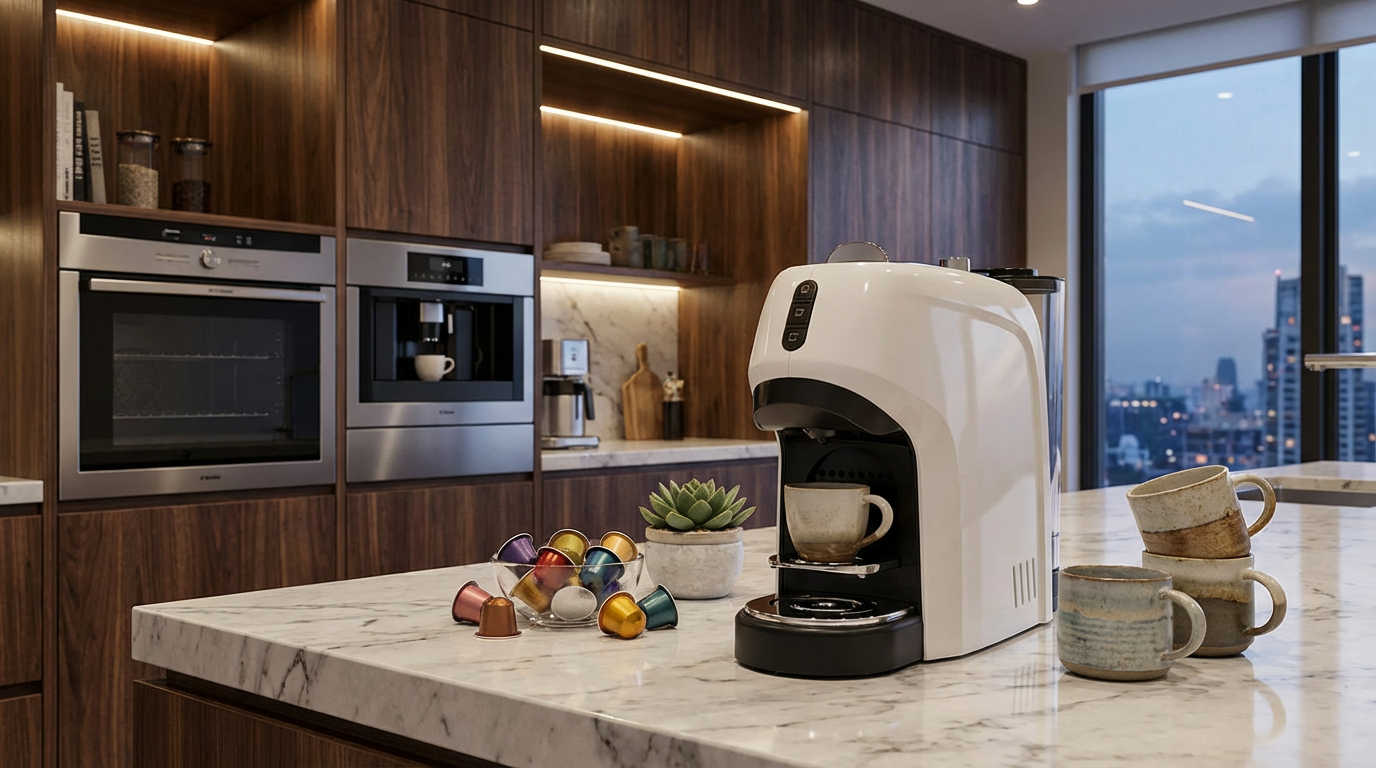 crea una scena per questa macchina a capsule in una cucina lussuosa e moderna.png