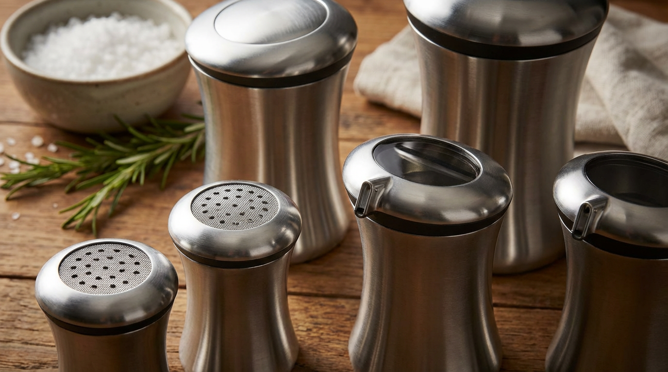 make a scene for this stainless steel condiment set, composed by salt and pepper shakers @3, oil and vinegar @2, and 2 big containers in a close up highliting the salt and pepper and oil _vinegar lid details.png