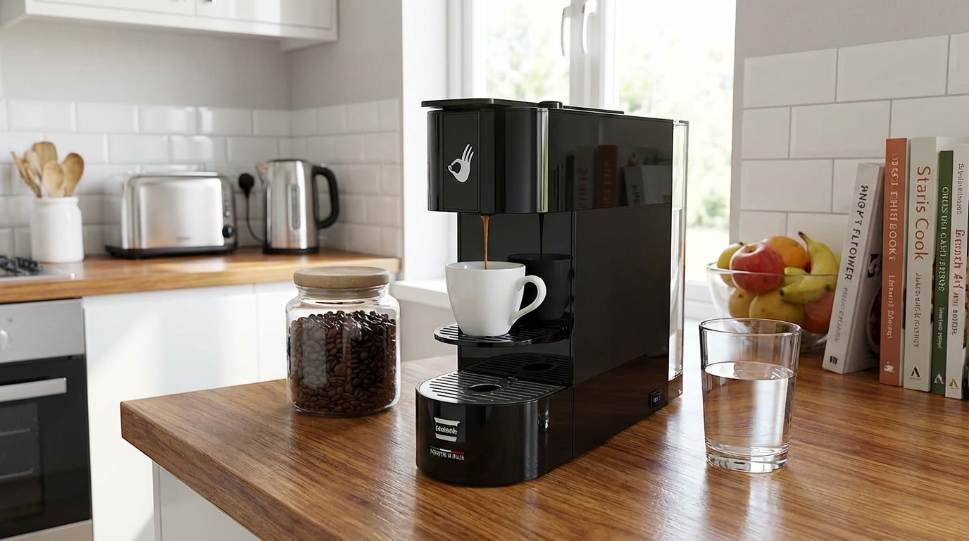 create a scene of the coffee machine in a house kitchen keep details of the logos and machine untouched.png