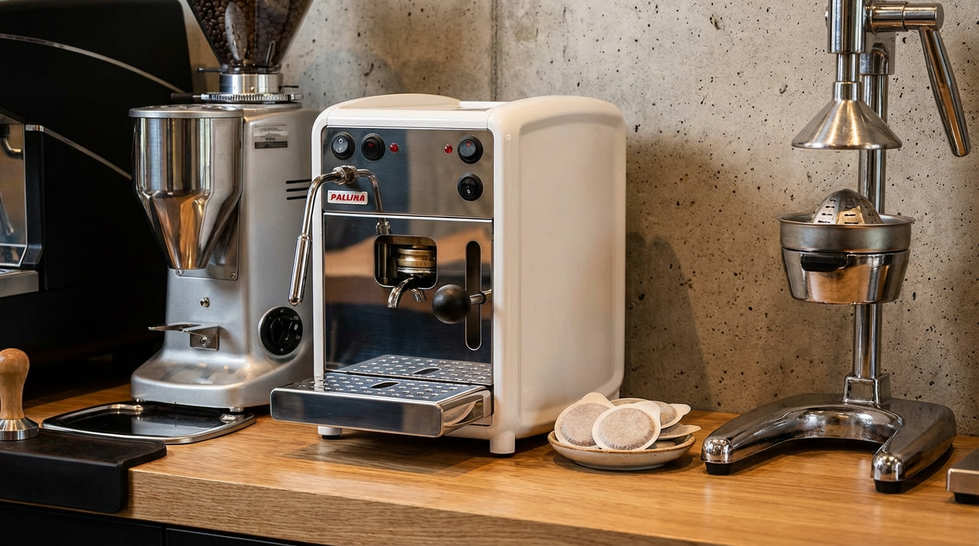 make a scene of the capsule machine in a modern bar counter, close to the wall , between a coffee grinder and a orange squeezer machine. focus on the product and put it at the center of the image. camera close up to the product.png