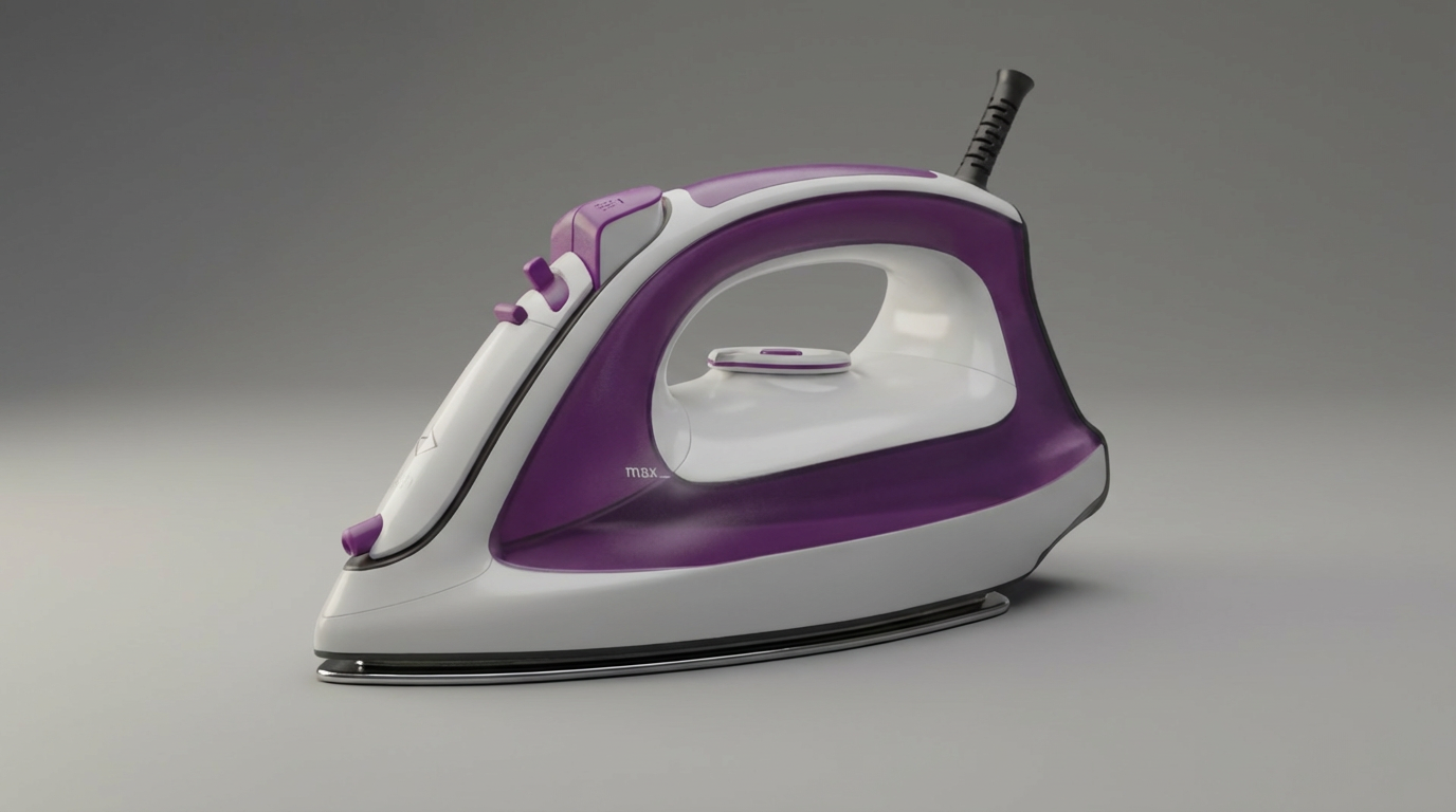 create a scene of the steam iron in a neutral ambient, position the steam iron at the center of the scene positioned like @3.png