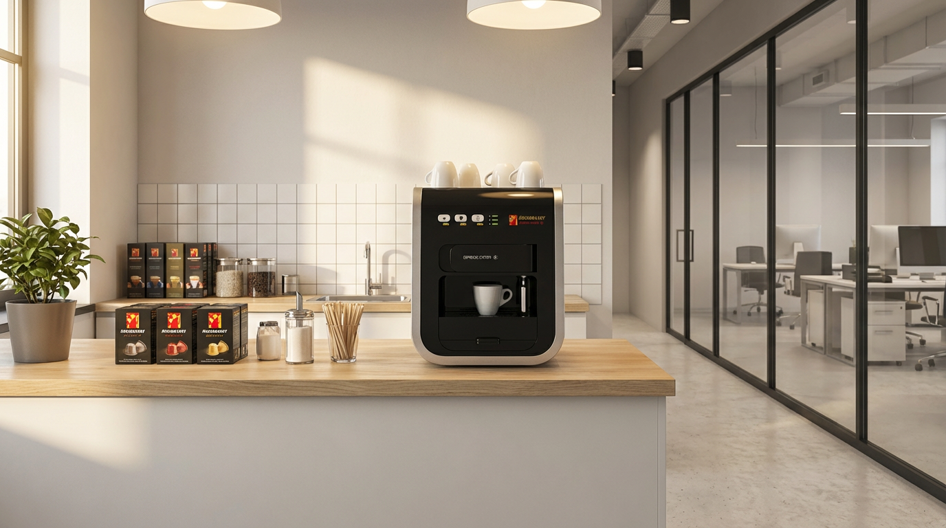 crera una scena con questa macchina a capsule in una stanza per la pausa caffè in ufficio.png