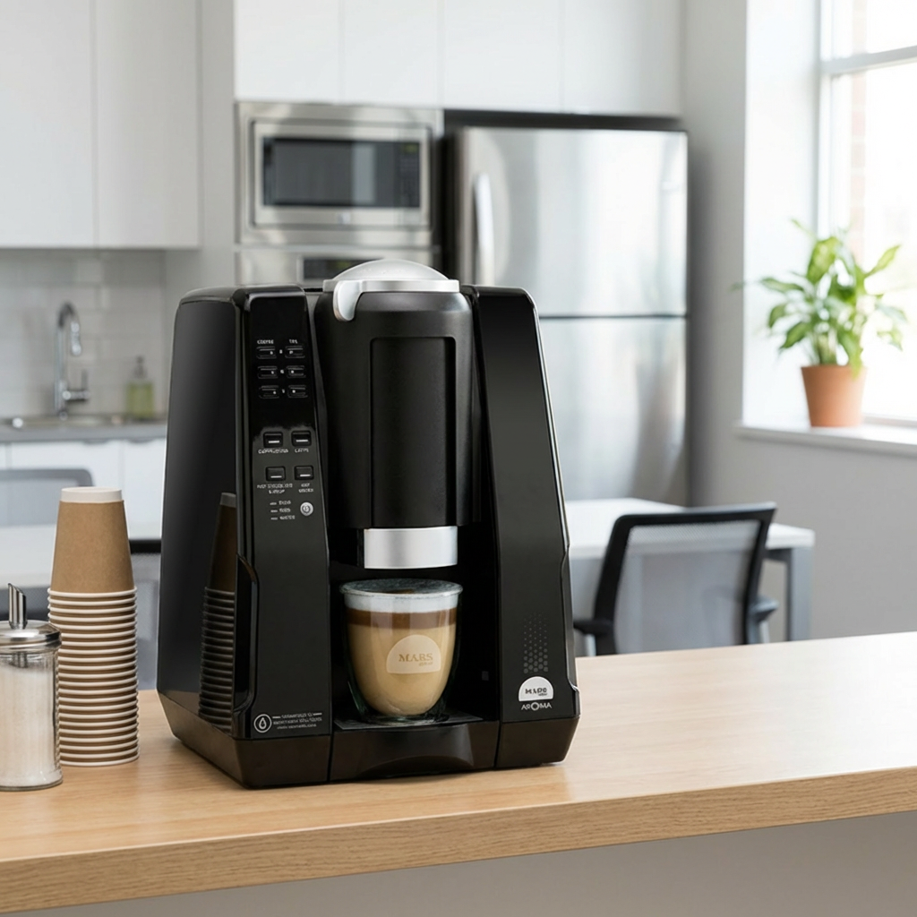 create a scene of this poach coffee machine in an office break room, camera taking a close up of the product at the center of the picture.png