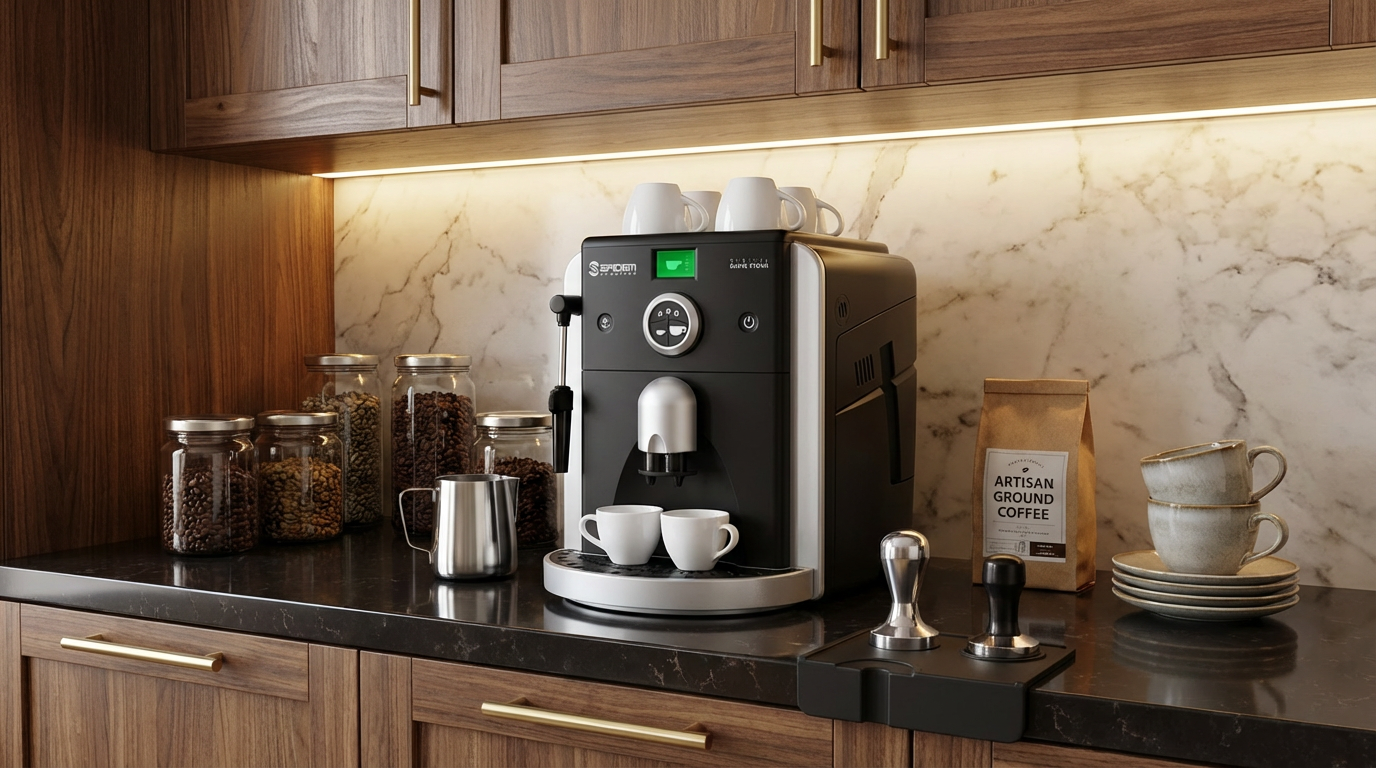 make a sxcene of this coffeee automartic machinein a a kitchen. use the details of @1 and @2 .png