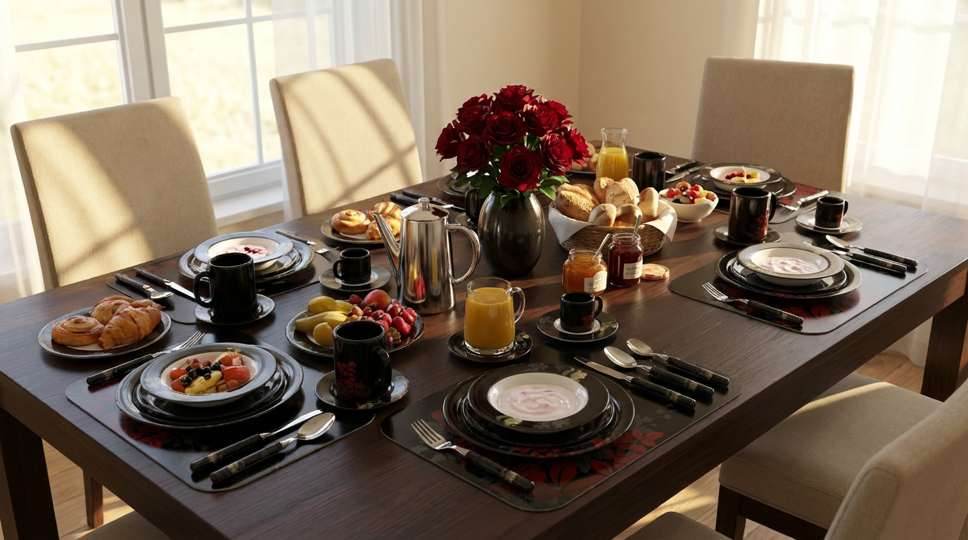 create a scene of this set on a elegant breakfast table for six.png