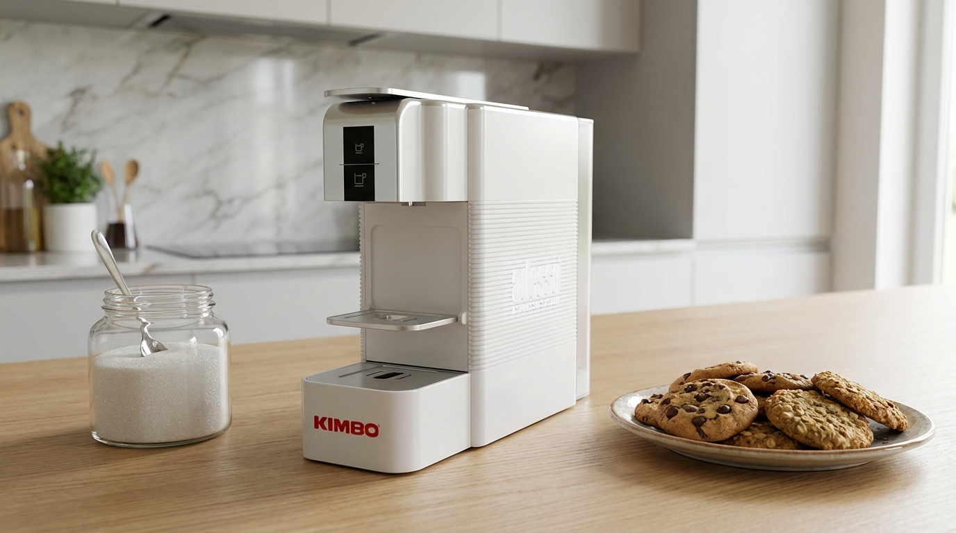 create a scene of this capsule coffee mahcine in a modern kitchen. camera focus on the product at the center of the picture with cookies and sugar jar around1.png