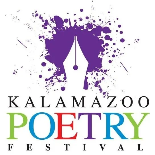 Kalamazoo Poetry Festival logo with a tip of writing quill pen splashed on purple paint.