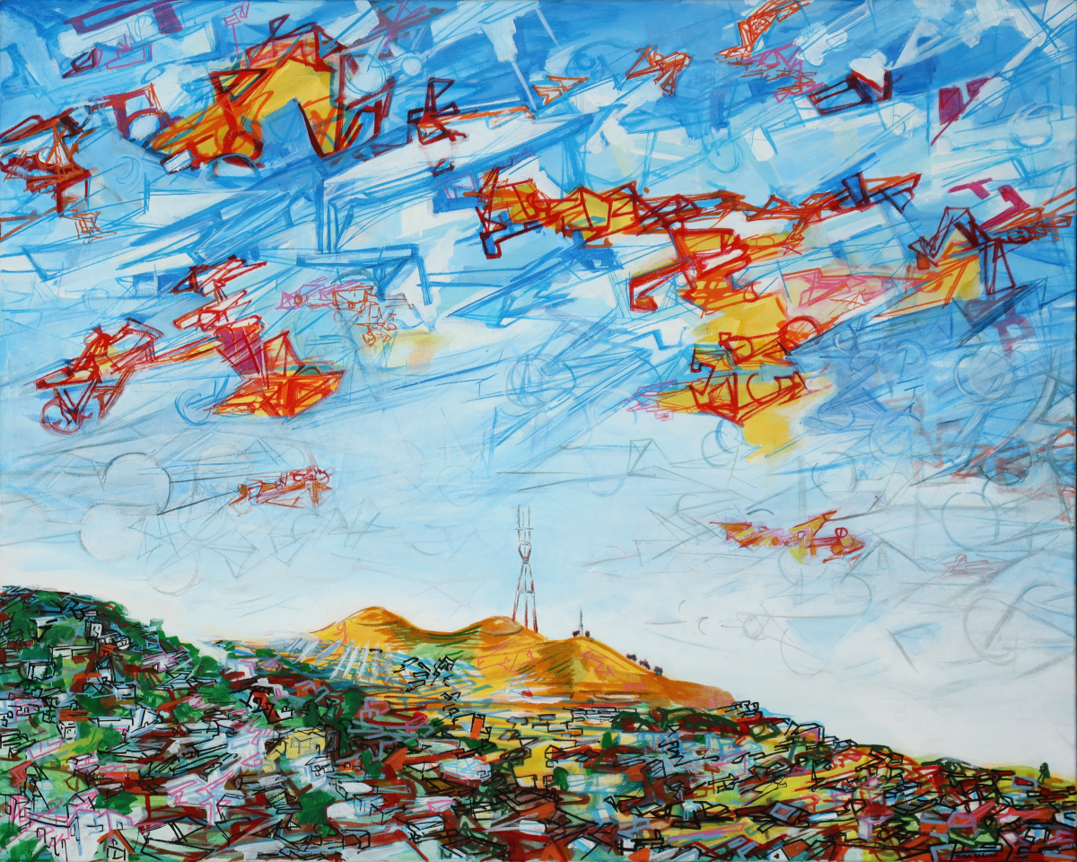 View of Twin Peaks and the Sky Above :::
acrylic on canvas, 24” x 30”, 2020, SOLD :::
This is a painting of the view of Twin Peaks as seen from Bernal Heights. The abstract scribbles in the sky mean something, I’m just not sure what.