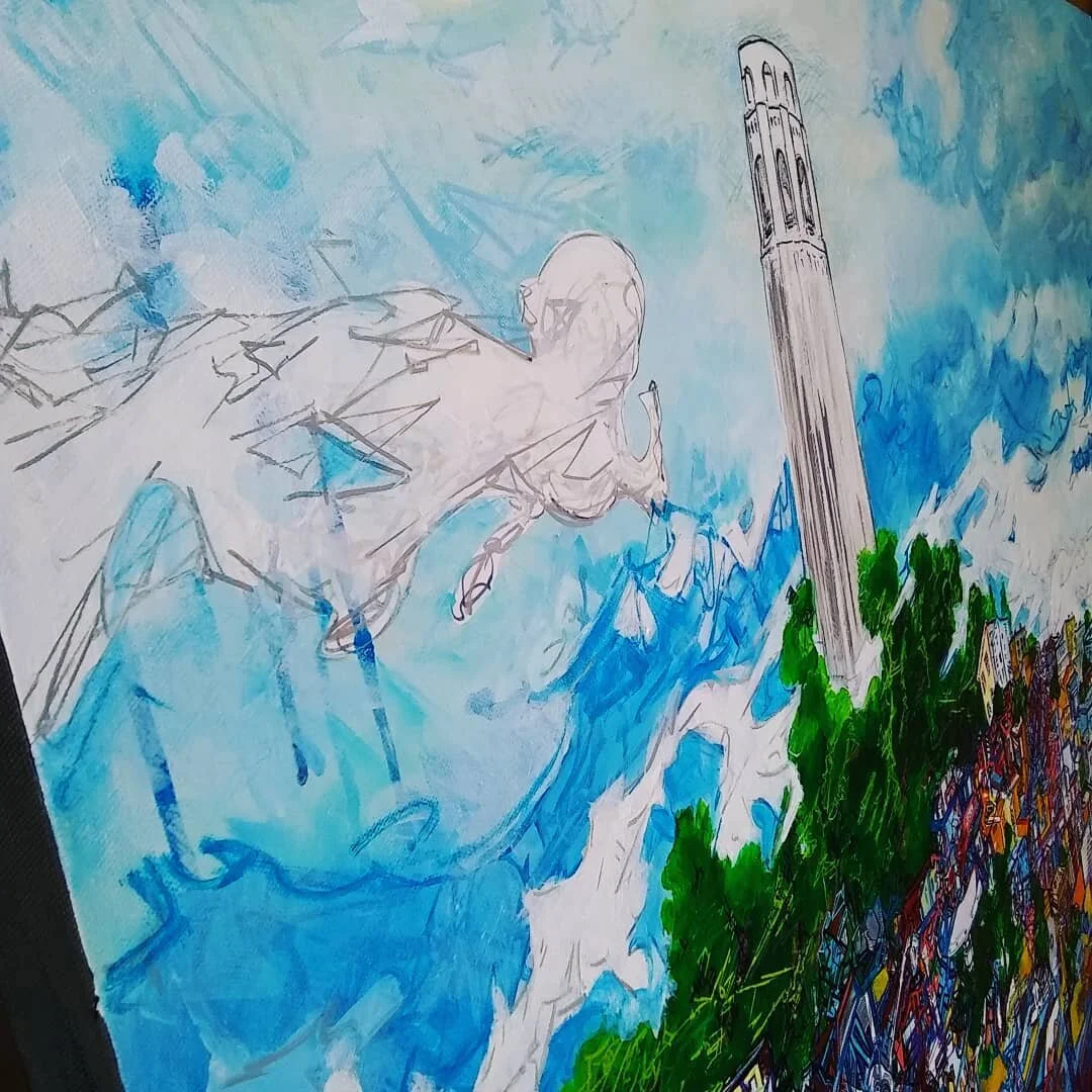 Many of the folks I've zoomed with over the past few months have seen this 4' x 6' painting of #coittower slowly edging toward completion.

I'll have it properly photographed and ready to unveil in time for @artspansf #OpenStudios on October 8 and a 
