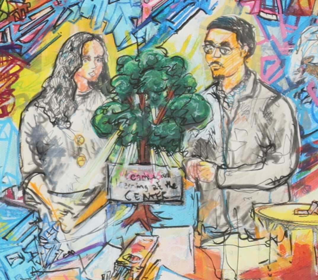  Portraits of Chris Tsukida and his colleague are collaged directly onto the canvas and I painted in their tree to give it a little more weight. 
