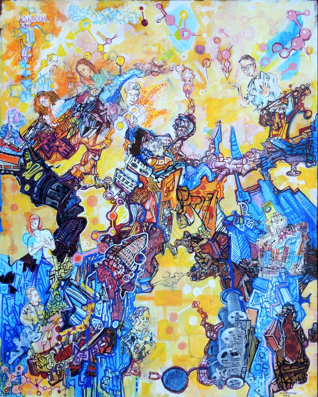 Centering Marginalized Voices Machine
:::
acrylic and collage on canvas, 18” x 24”, 2016
:::
Reflections incorporating sketchnotes from the 2016 Emergence conference at the Contemporary Jewish Museum and various other artist convenings.