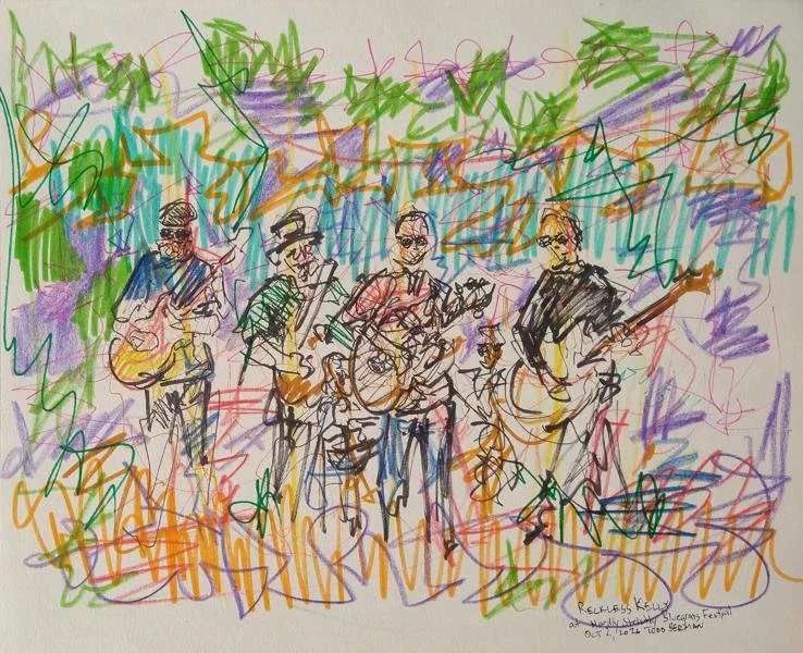 Scribbly drawing of four musicians with different guitars.