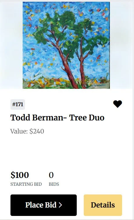 Online auction listing for an impressionistic-ish painting of two trees. #171, Todd Berman - Tree Duo, value $240, $100 starting bid