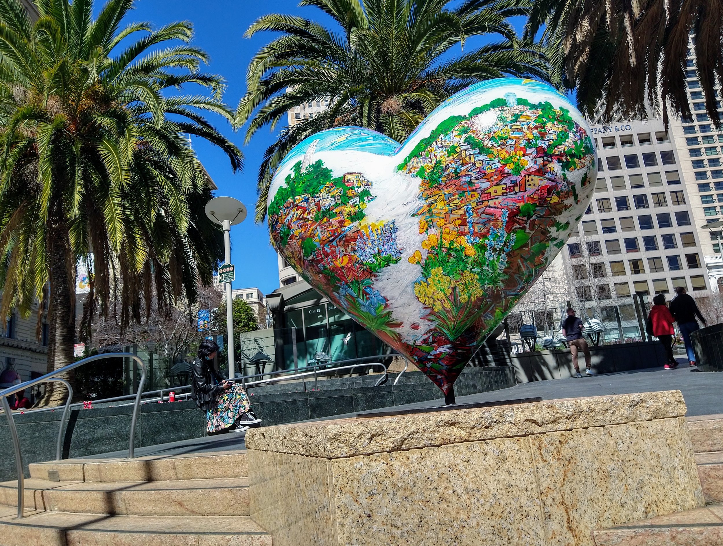 Four Hills, Four Towers, Flowing Fog, Native Flowers
:::
Installation view at the corner of Geary and Powell in Union Square.
:::
acrylic on fiberglass and metal heart sculpture, 5' x 6' x 40", 2021, SOLD