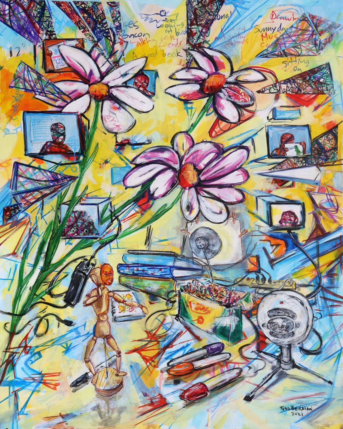 Teaching Art Online :::
acrylic and mixed media collage on canvas, 24" x 30", 2021 :::
I teach a lesson to students where we scribble our emotions onto paper and then use those scribbles in a new piece of art that tells a story about our feeling