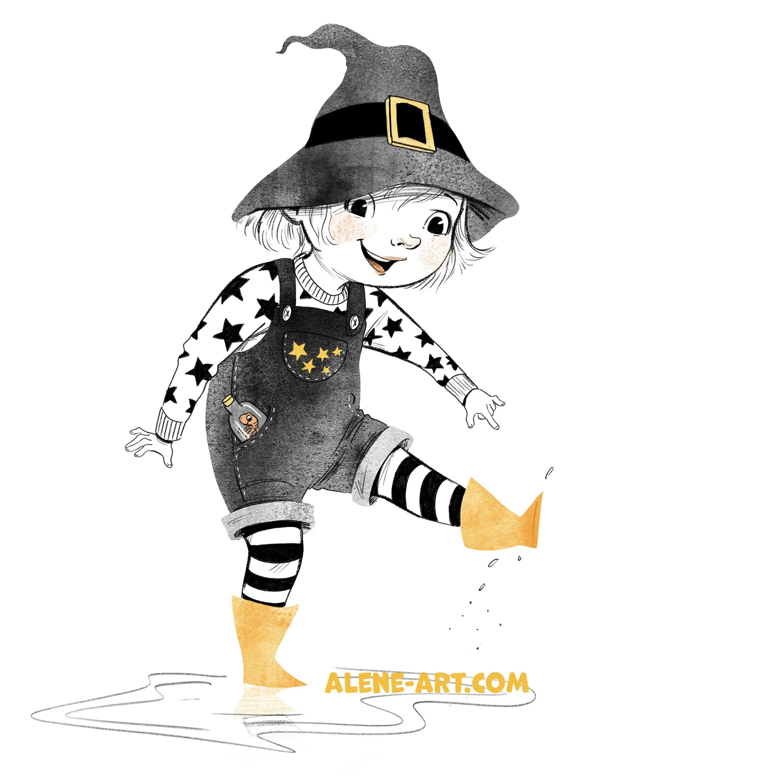 A limited palette children’s picture book illustration of a Very small witch in black overalls, a black pointy hat, black and white striped stockings and bright yellow rain boots, splashing in puddles