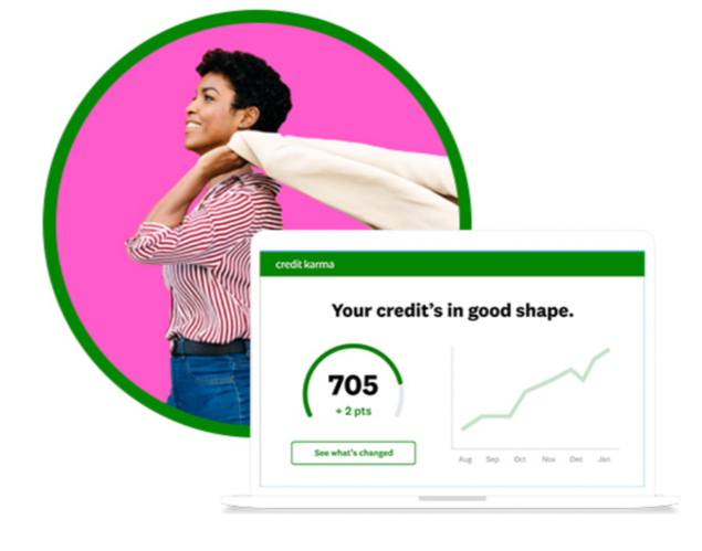 Text in image: ’Your credit’s in good shape’. A graph shows the credit rating next to an image of a woman smiling.