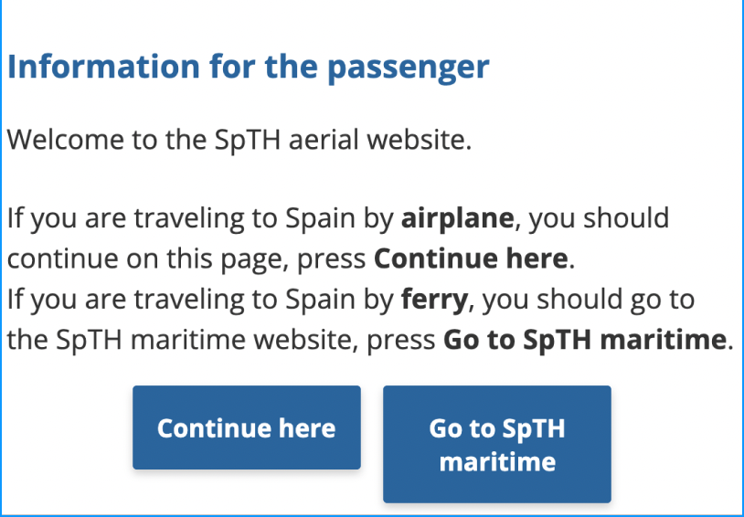 Original pop up message from Spain Travel Health website