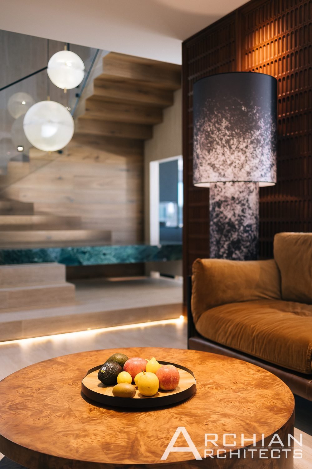 Vaucluse House, Vaucluse, Sydney – lounge detail with floating stair beyond – Archian Architects