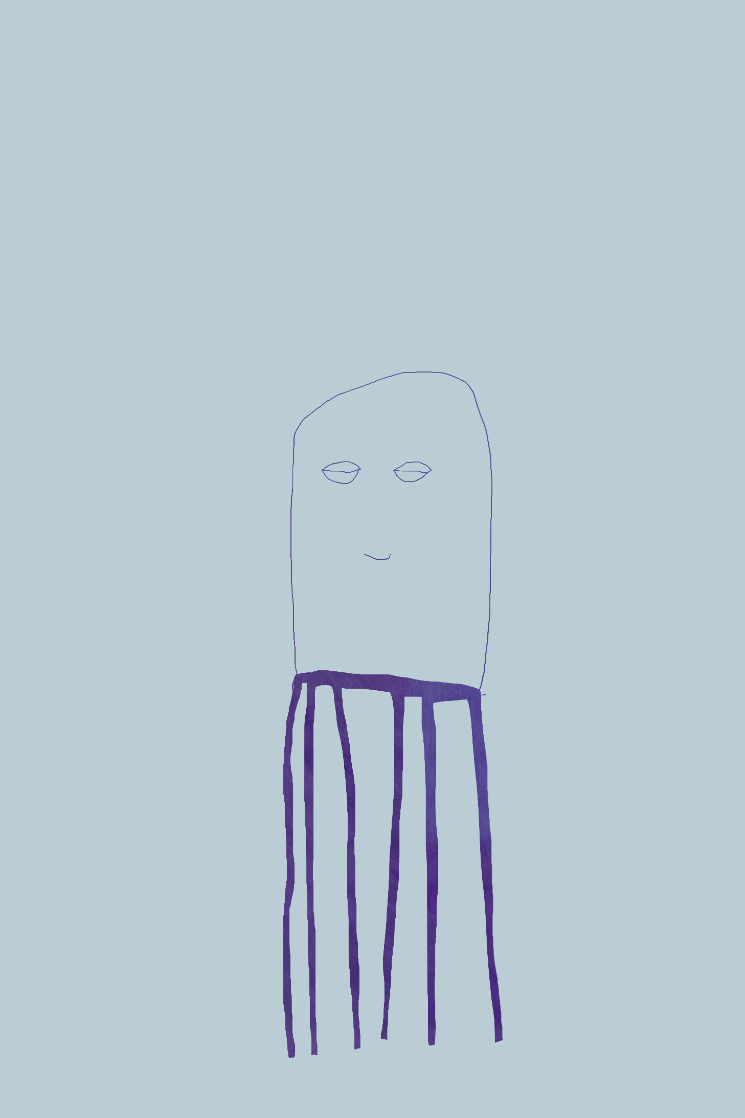 A simple drawing of a octopus with an elongated head, closed eyes, and a small smile, with long, thin legs against a light blue background.