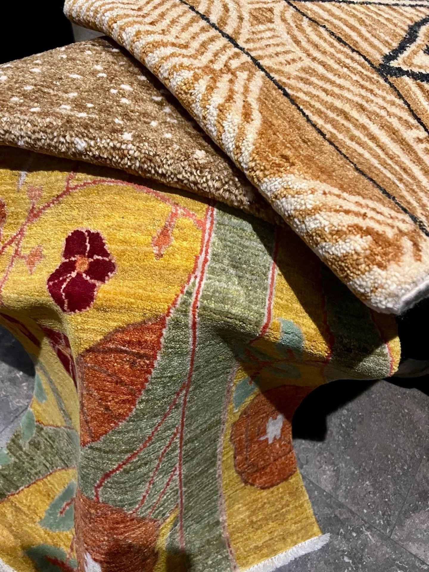 My 3 Samarkand Collection samples, Winter Night Sky, Cordoba and Red Poppy Garden all flourishing with a warm and spirited palette of rich golden syrupy saffron.

If you would like a custom rug for your next project, feel free to email me at robyn@ro