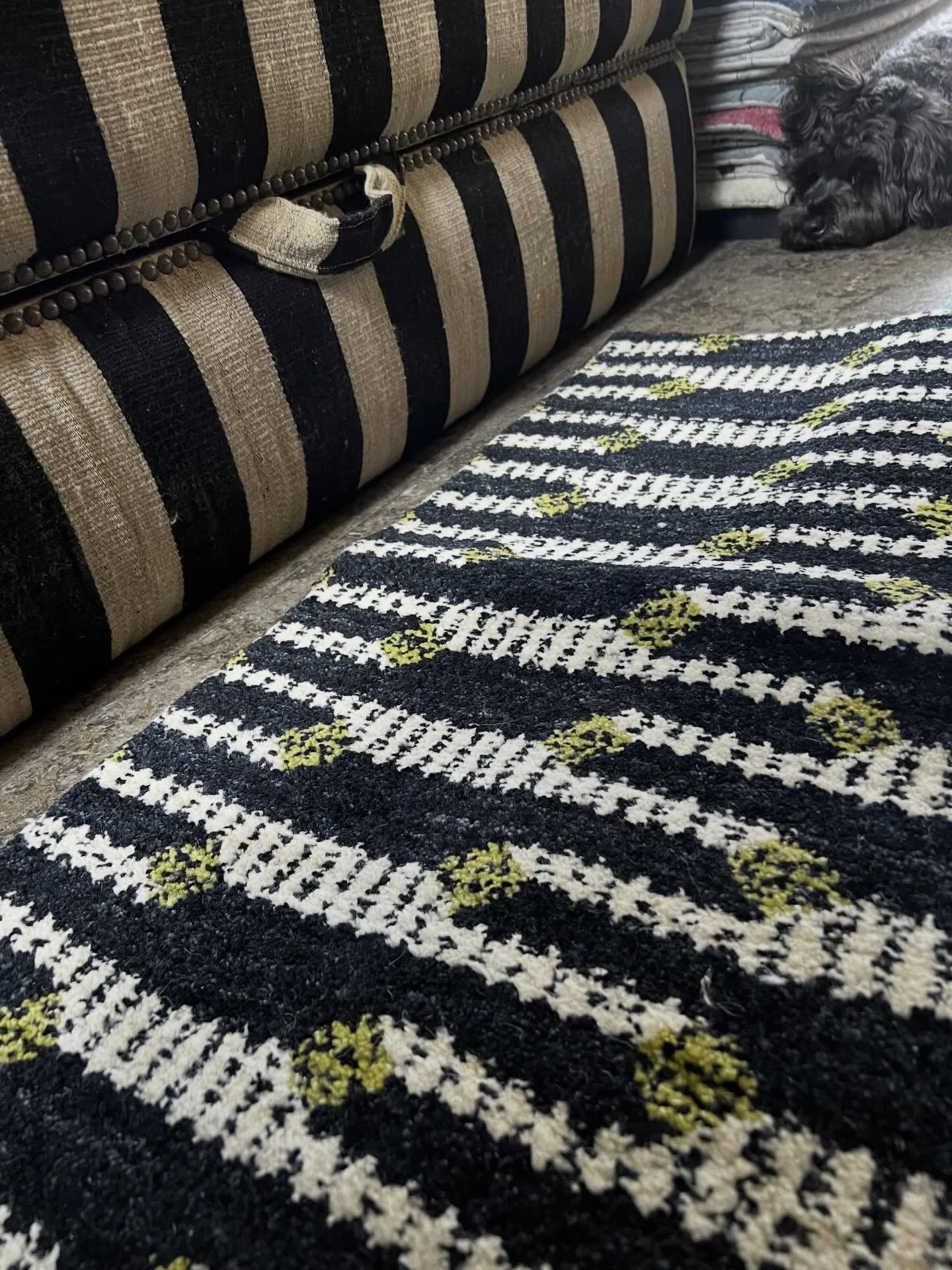 Corfu, from my Samarkand Collection.

Deceptively simple in form, yet utterly arresting in its graphic black and white palette, punctuated by shots of limelight.

And my sweet Peggy, patiently awaiting her return to its exquisite warmth.

Custom size