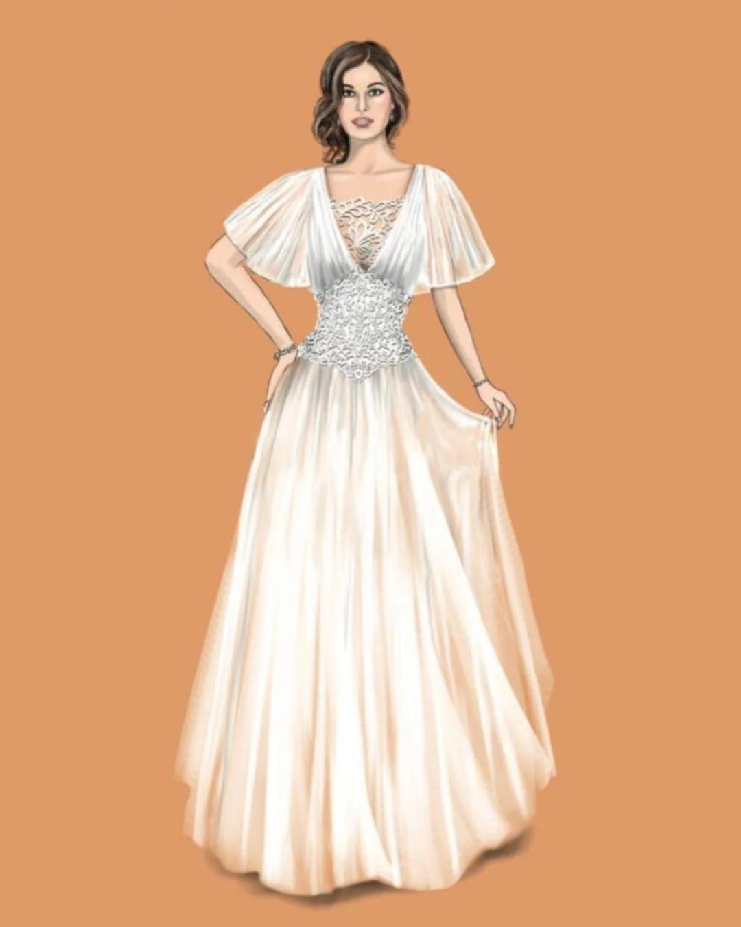 Ter gelegenheid van ons 35-jarig bestaan illustreert Linda Zoon onze tien favoriete jurken. Elke aankomende maand is er &eacute;&eacute;n te bewonderen in onze etalage, samen met de bijpassende jurk.

We starten met een japon van champagnekleurige Fr