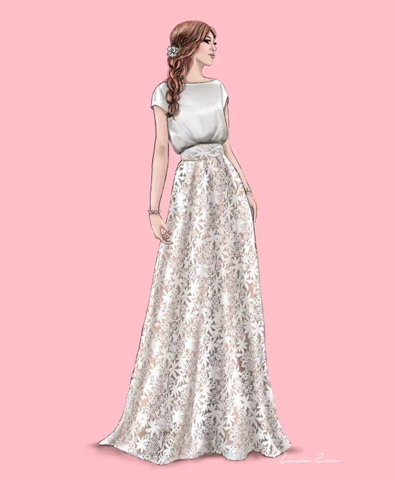 Bijna Valentijn dus tijd voor een nieuwe etalage met deze prachtige illustratie als stralend middelpunt gemaakt door Linda Zoon. Het model draagt een tweedelige bruidsjurk bestaand uit een effen top en kanten meerlaags rok. Happy Valentine!